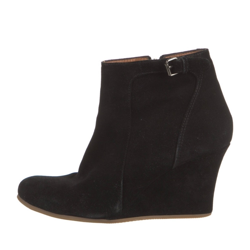 LANVIN size 9.5 black suede wedge heel ankle booties